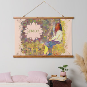 Tapisserie Suspendue Fille rêveuse sur toile de fond géométrie colorée