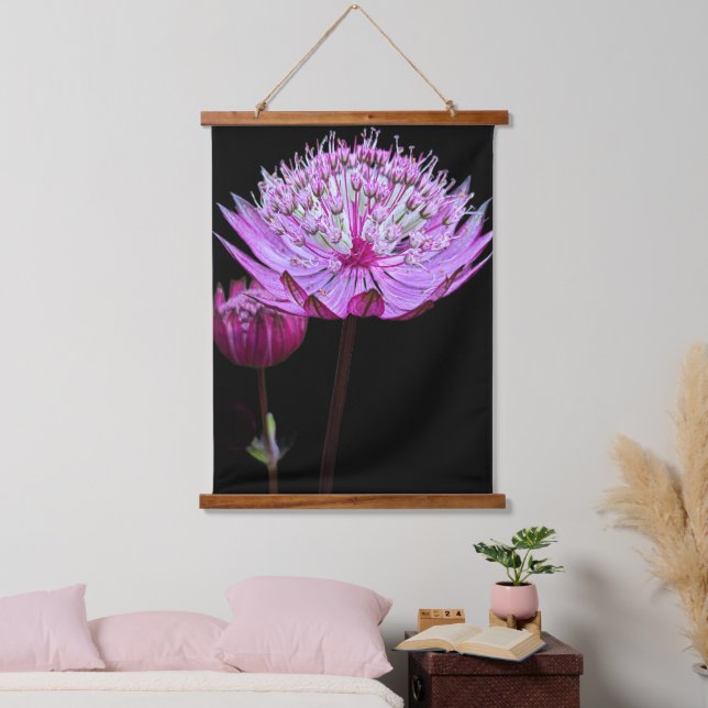 Tapisserie Suspendue Fleur Astrantia rose sur Floral noir (Chambre à coucher)