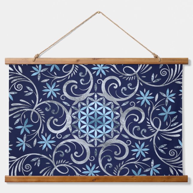 Tapisserie Suspendue Fleur de vie Mandala - Bleu Argent (Devant)