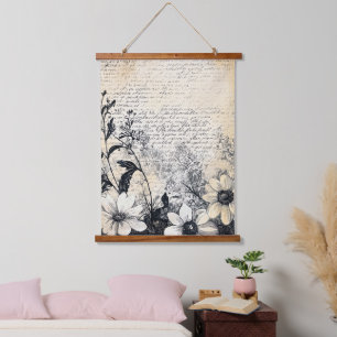 Tapisserie Suspendue Fleur rustique et calligraphie - Papier Brown viei