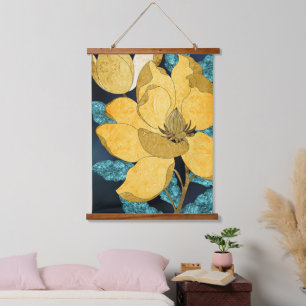 Tapisserie Suspendue Fleuron doré avec Feuilles Turquoises Floral Abstr