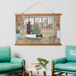 Tapisserie Suspendue Fleurs de fenêtre botaniques de cottage rétro