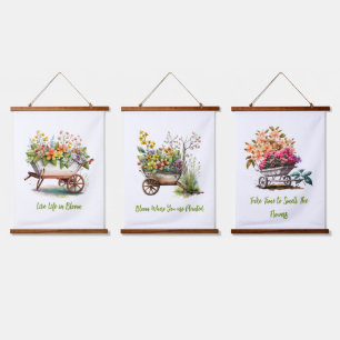 Tapisserie Suspendue Fleurs de Pêche Rose Jaune Roue Barils