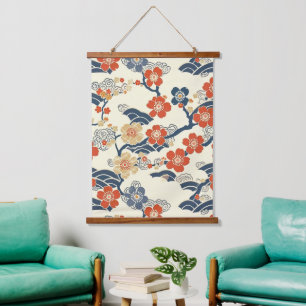 Tapisserie Suspendue Fleurs de prunier japonais Ume sur fond crème avec