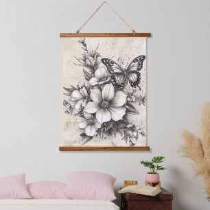 Tapisserie Suspendue Fleurs et papillons rustiques - Papier vieilli (5)