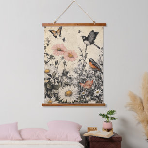 Tapisserie Suspendue Fleurs, oiseaux et papillons sur papier vieilli (1
