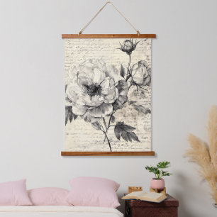Tapisserie Suspendue Fleurs sépia romantiques papier vintage