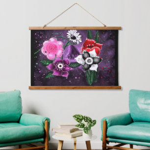Tapisserie Suspendue Fleurs Whimsical Violet Floral Noir Blanc Rose