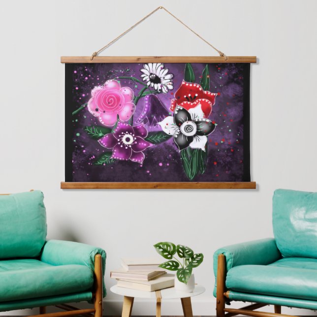 Tapisserie Suspendue Fleurs Whimsical Violet Floral Noir Blanc Rose (Salon)