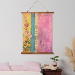 Tapisserie Suspendue Floraison Bohème – Fleurs sauvages sur toile rayée