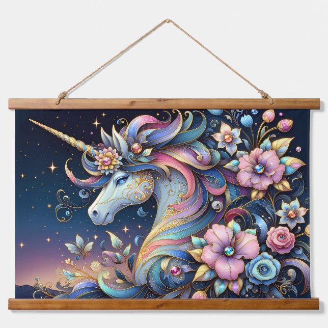 Tapisserie Suspendue Floral Unicorn Night Fantasy (Devant)