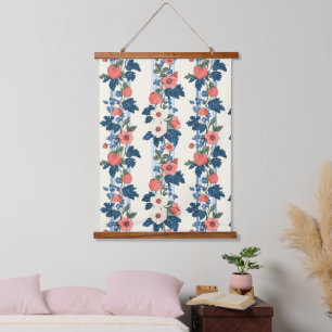 Tapisserie Suspendue Fraises vintages et Feuilles bleus motif floral