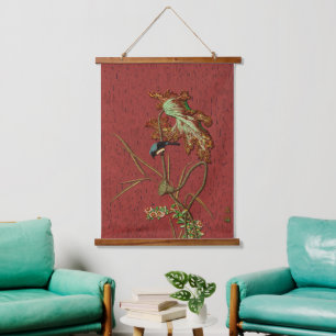 Tapisserie Suspendue G.A. Audsley Vintage Rouge Oiseau Japonais Art Lot