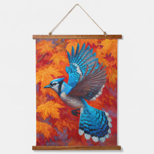 Tapisserie Suspendue Geai bleu volant Art Feuilles rouges d'automne