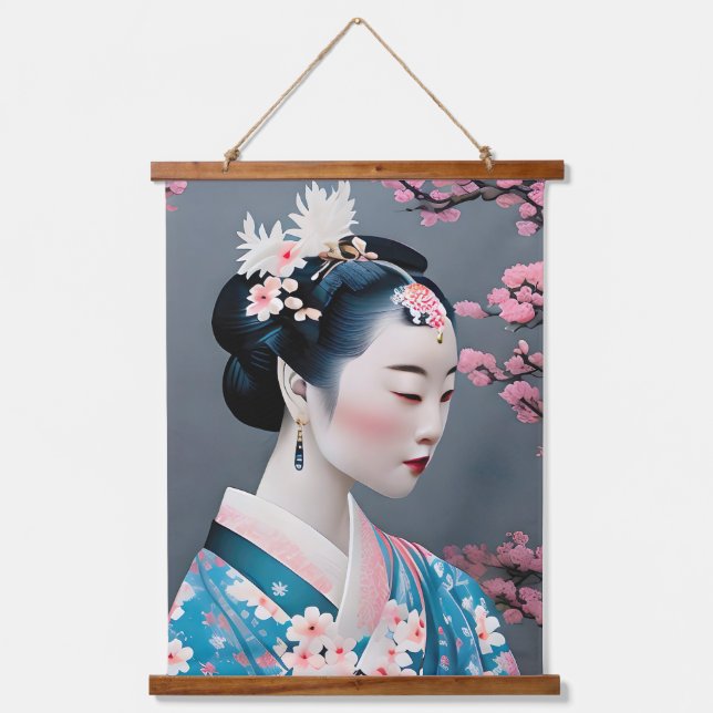 Tapisserie Suspendue Geisha Japonais Dans Un Jardin En Fleurs De Cerisi (Recto)