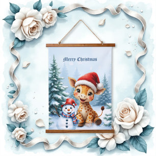 Tapisserie Suspendue Girafe de caricature mignonne avec Santa Hat & Sno