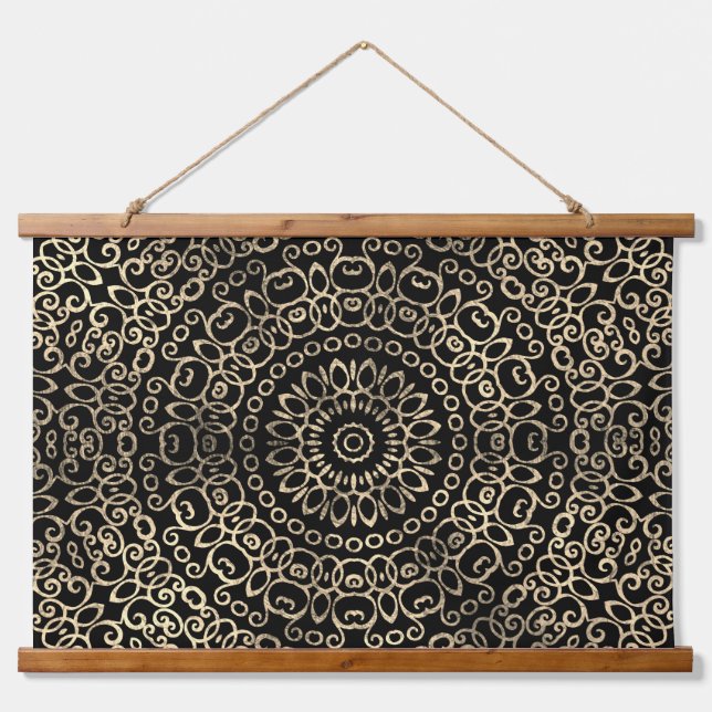 Tapisserie Suspendue Gold Noir Mandala Chic Trippy Psychedelic Hippie (Devant)