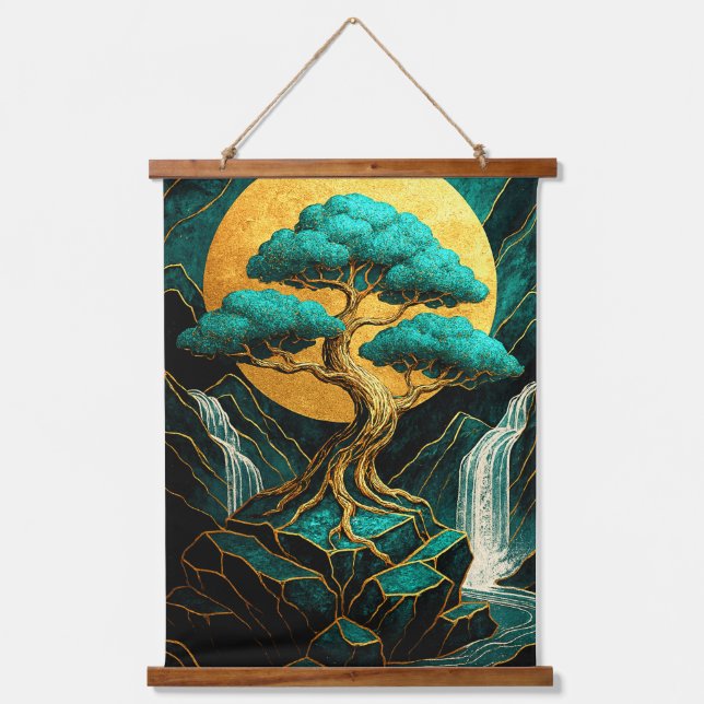 Tapisserie Suspendue Golden Bonsai Moonlight  Teal Waterfall Wall Tape (Recto)