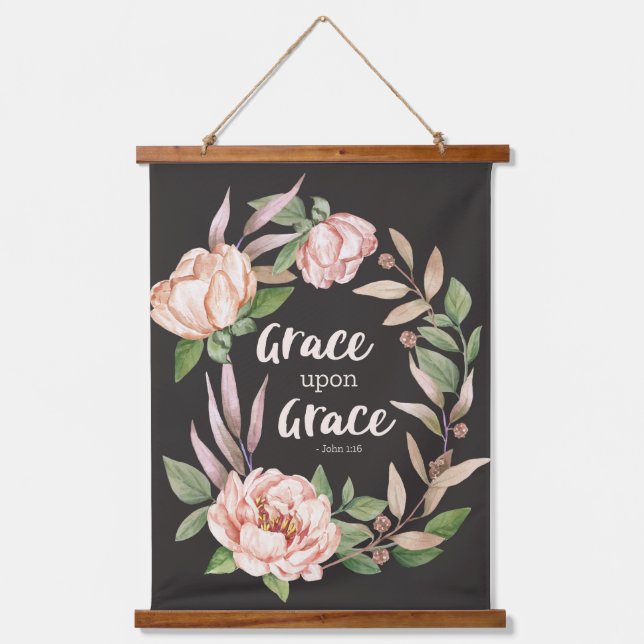 Tapisserie Suspendue Grace sur grâce - Jean 1:16 - Floral (Recto)