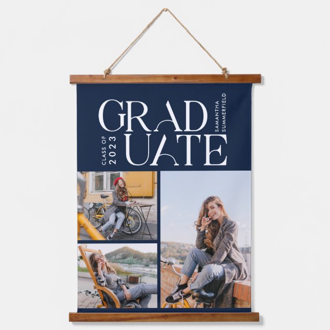 Tapisserie Suspendue Graduation 2025 Grad Photo Collage Marine Blue (Recto)