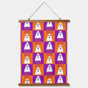 Tapisserie Suspendue Halloween Boo Ghost Purple et Carrés orange