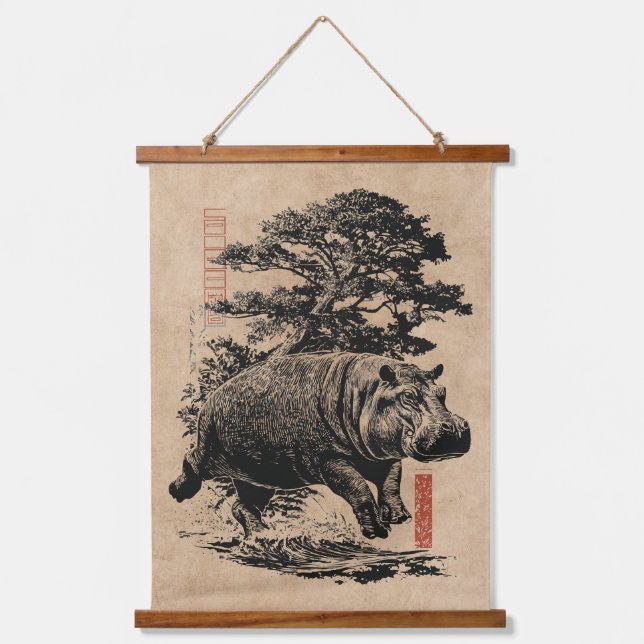Tapisserie Suspendue Hippo et bonsaï | Wabi Sabi Japandi Art (Recto)