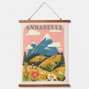 Tapisserie Suspendue Illustration de montagnes florales boho avec préno