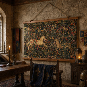 Tapisserie Suspendue Impression de licorne et de cerf flamande médiéval