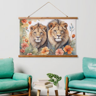 Tapisserie Suspendue Imprimer Lion majestueux et aquarelle florale