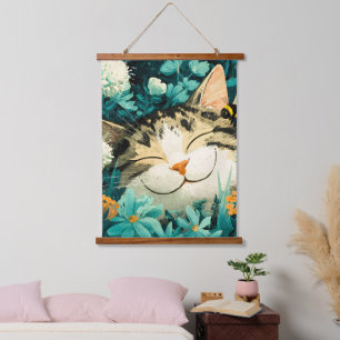 Tapisserie Suspendue Jardin de fleurs de chat endormi aquarelle abeille