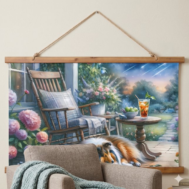 Tapisserie Suspendue Jardin étoilé sous abri de porche Sheltie rêve (Starlit Garden Porch Sheltie Dream Hanging Tapestry)