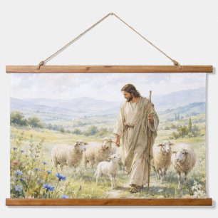 Tapisserie Suspendue Jésus Bon Berger Fleur Sauvage Aquarelle
