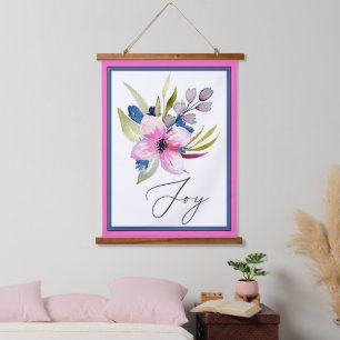 Tapisserie Suspendue Joie fleurs aquarelles rose et bleu 
