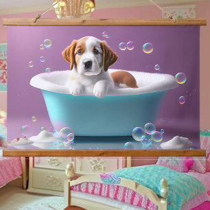 Tapisserie Suspendue Joli chiot dans une baignoire avec bulles de savon
