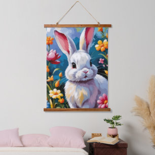 Tapisserie Suspendue Joli Lapin Blanc Entouré de Fleurs Vibrantes