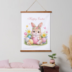 Tapisserie Suspendue Joli lapin de Pâques aux pivoines rose pâle