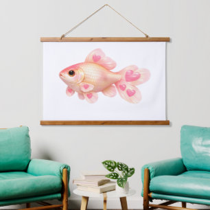 Tapisserie Suspendue Joli Poisson Rouge Rose avec des Cœurs Bois Kawaii