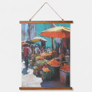 Tapisserie Suspendue Jour de marché vibrant parapluie orange street art