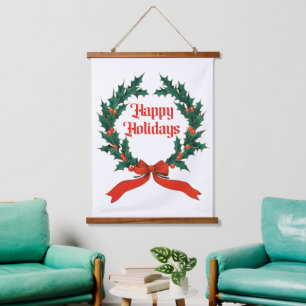 Tapisserie Suspendue Joyeuses vacances Vintage Holly Noël Wreath