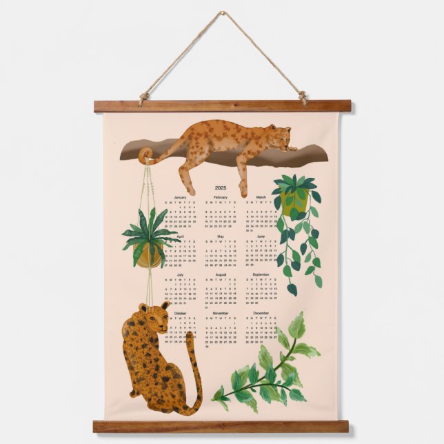 Tapisserie Suspendue Jungle chats; Leopards et plantes de pot calendrie (Recto)