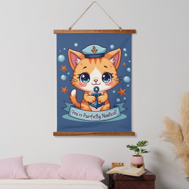 Tapisserie Suspendue Kawaii Nautical Cat Ancre Pun (Chambre à coucher)