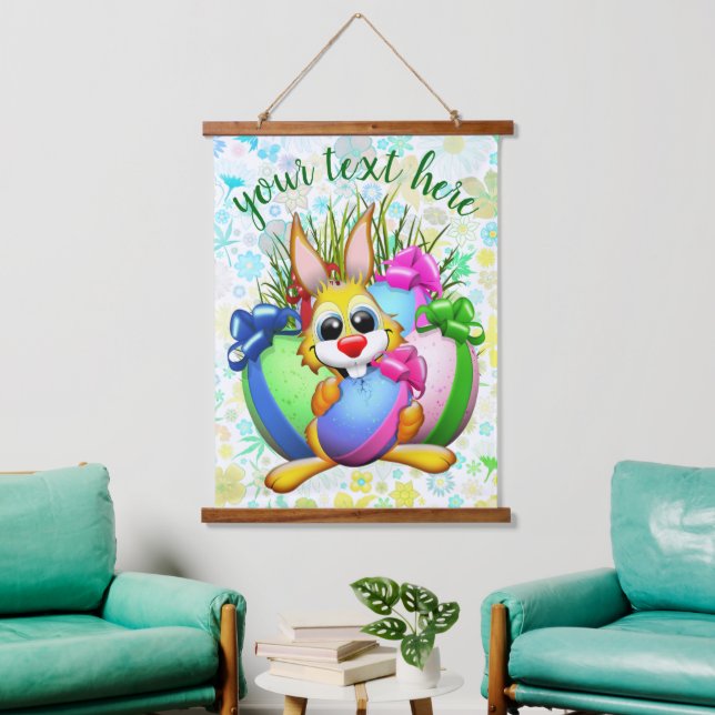 Tapisserie Suspendue Lapin drôle mordant un œuf de Pâques (Salon)