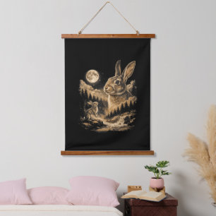 Tapisserie Suspendue Lapin vintage hurlant à la lune Art nocturne de la