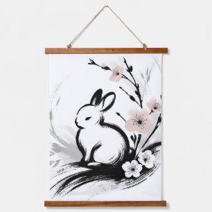 Tapisserie Suspendue Lapin Zen Minimaliste de Printemps Cerisier en Fle
