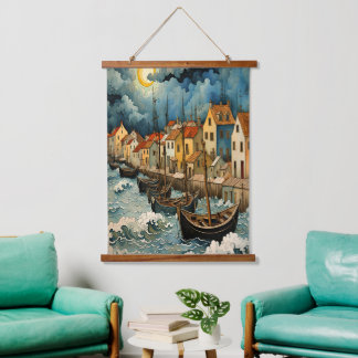 Tapisserie Suspendue L'art captivant des pêcheurs dans la nuit orageuse