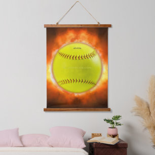 Tapisserie Suspendue Les flammes de balle rapide de softball jaune de S