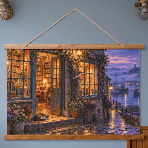 Tapisserie Suspendue Librairie Cozy Harbor au crépuscule