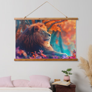 Tapisserie Suspendue Lion royal dans un design de forêt enchantée