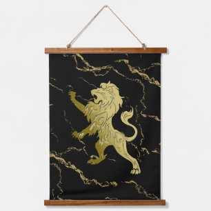 Tapisserie Suspendue Lion Royal Doré Marbre Noir