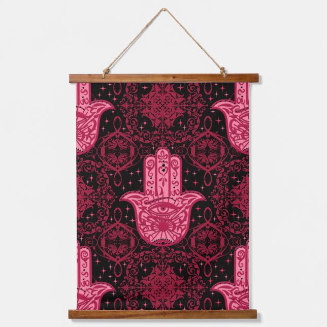 Tapisserie Suspendue Magenta et noir Hamsa main bonne fortune (Recto)